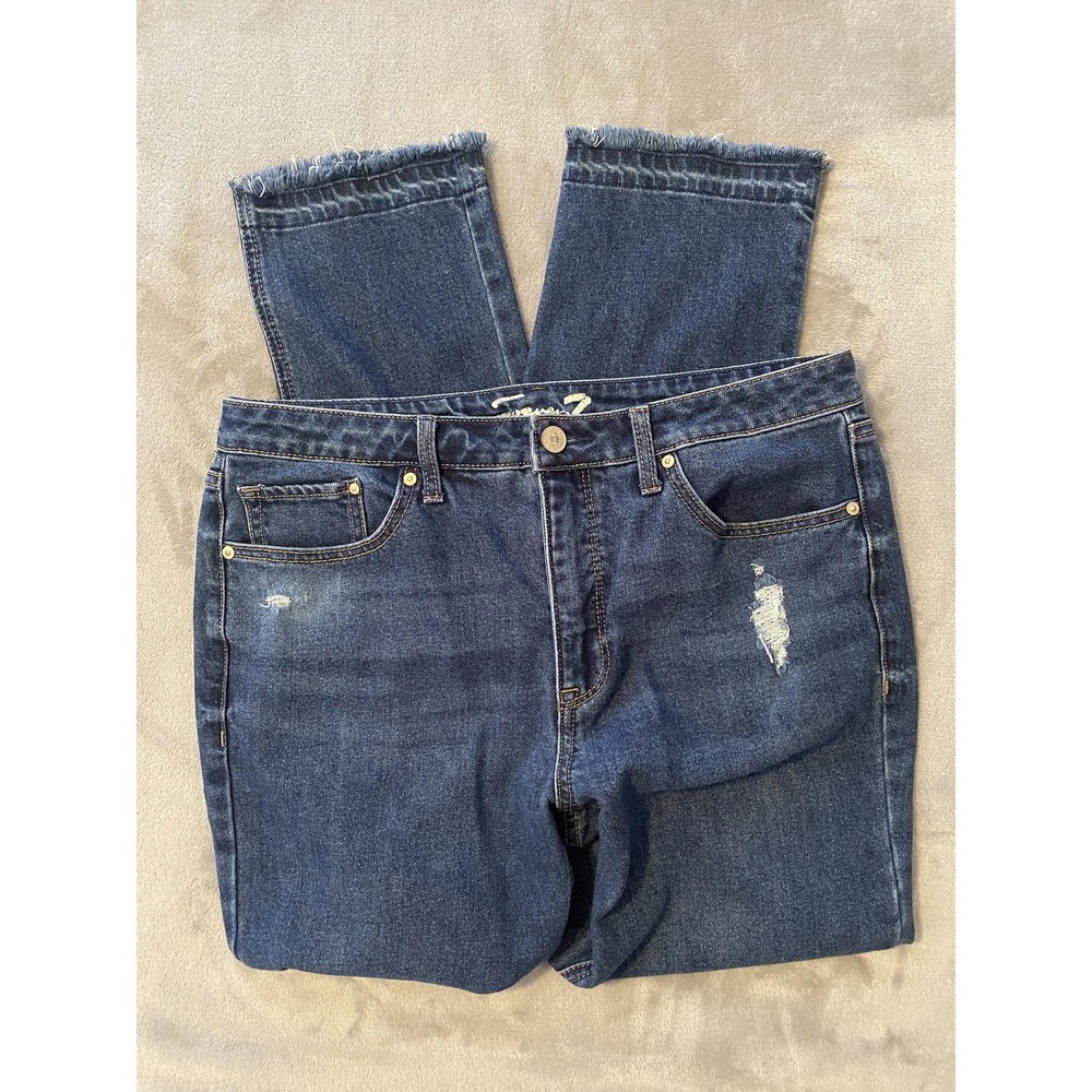 Seven7 Jeans Womens 10 Blue Slim Straight High Rise Distressed‎ Raw Hem Stretch